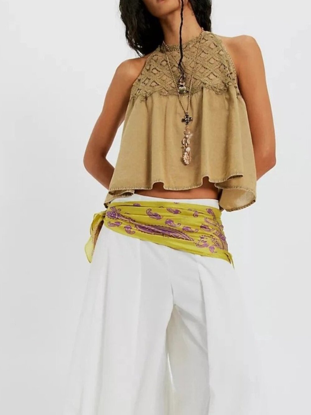 Free People Wandering Light Blouse Top Lace Cutout Tank Green Cotton M 290197